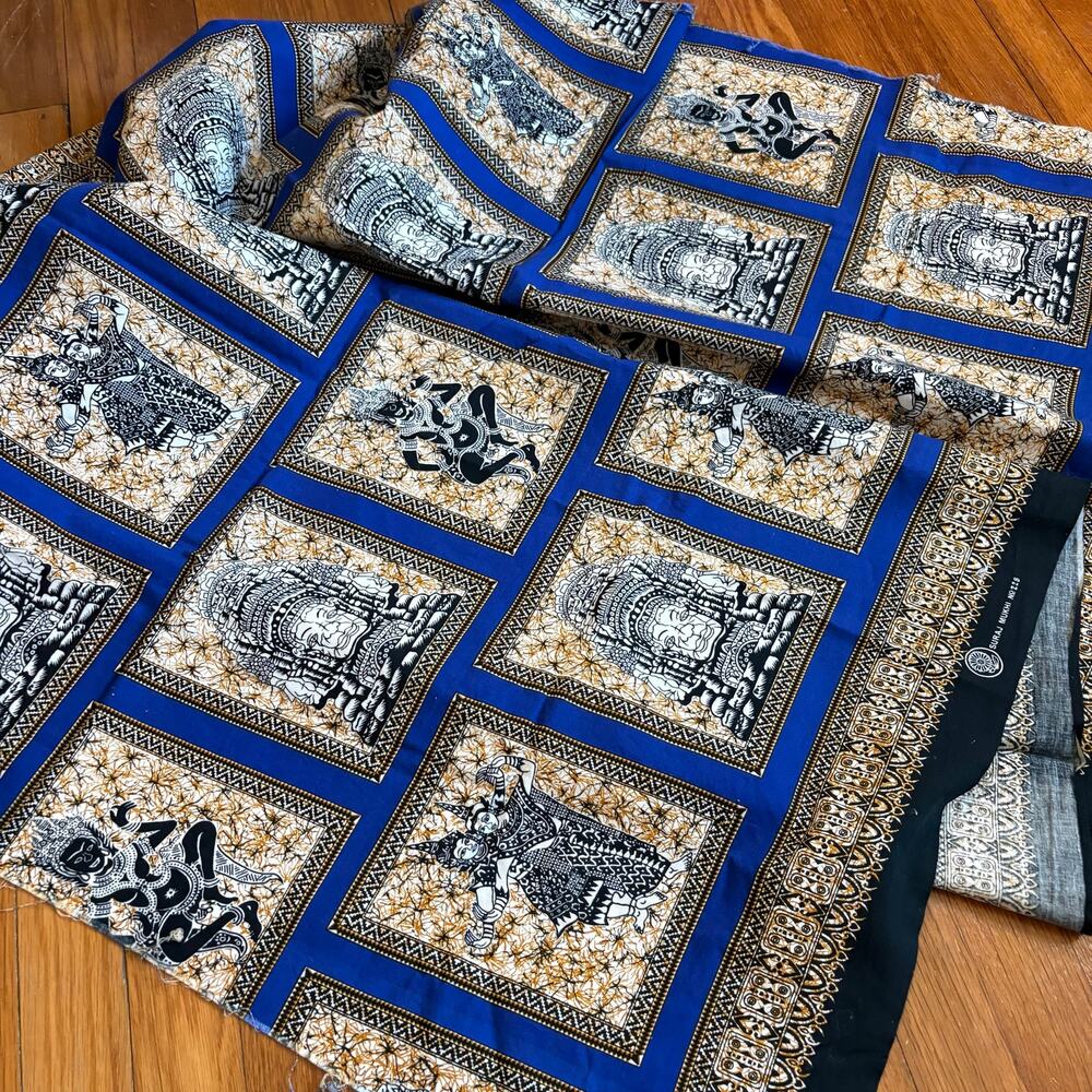 Vintage Suraj Mukhi Fabric Remnant Blue Hindu Motif Cotton Textile